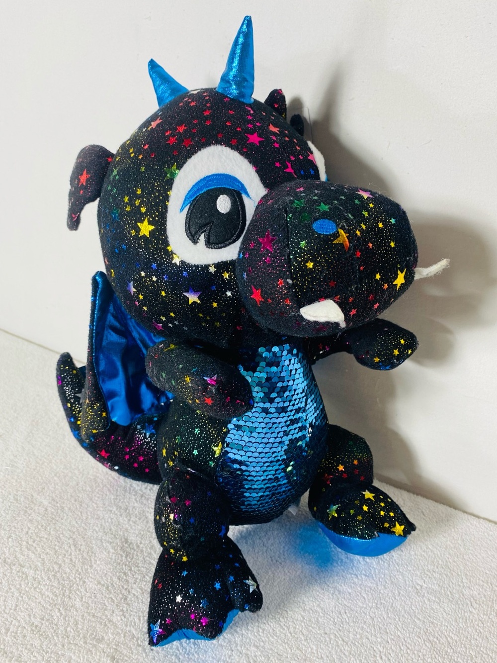 Caravan Softoys Large Black Dragon Plush Rainbow Star Pattern & Flipping Sequins